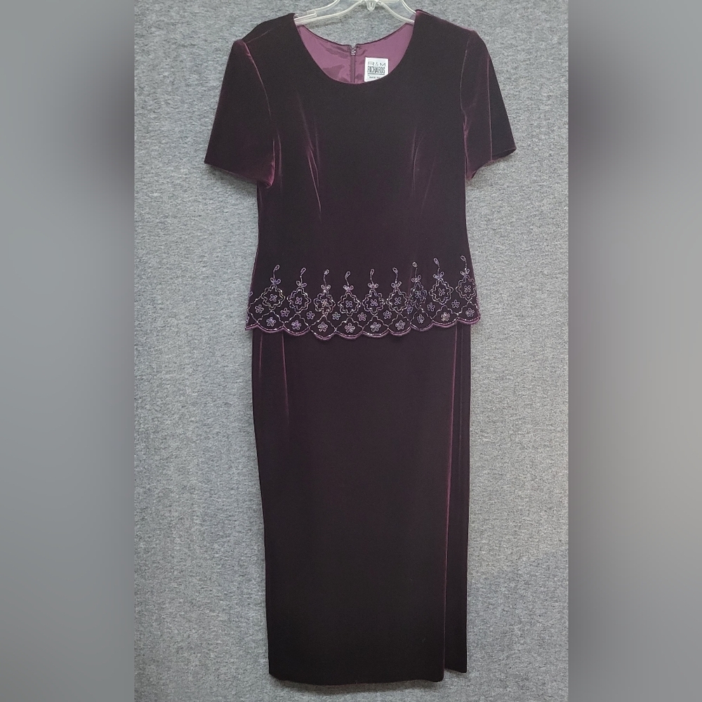 R&M Richards Plum Velvet Two-Piece Dress with Beaded Peplum